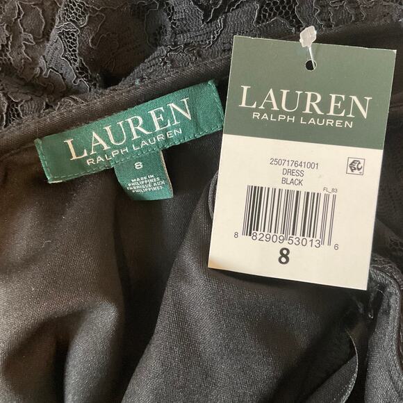 Ralph Lauren Black Lace Cocktail Dress Size 8 Ruffled V-Neck Short Sleeve Sheath - Picture 8 of 12